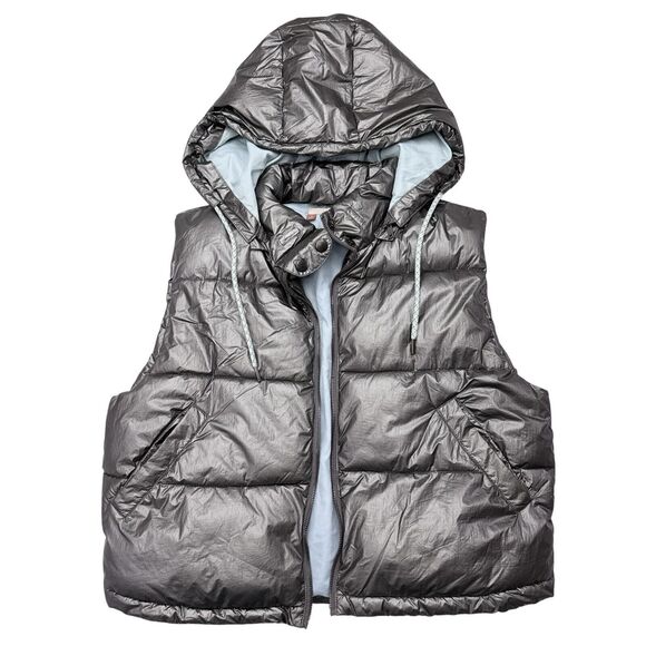 Pilcro Puffer Vest Size Medium Silver Anthropologie Hooded Apres NO ZIPPER - Picture 1 of 10